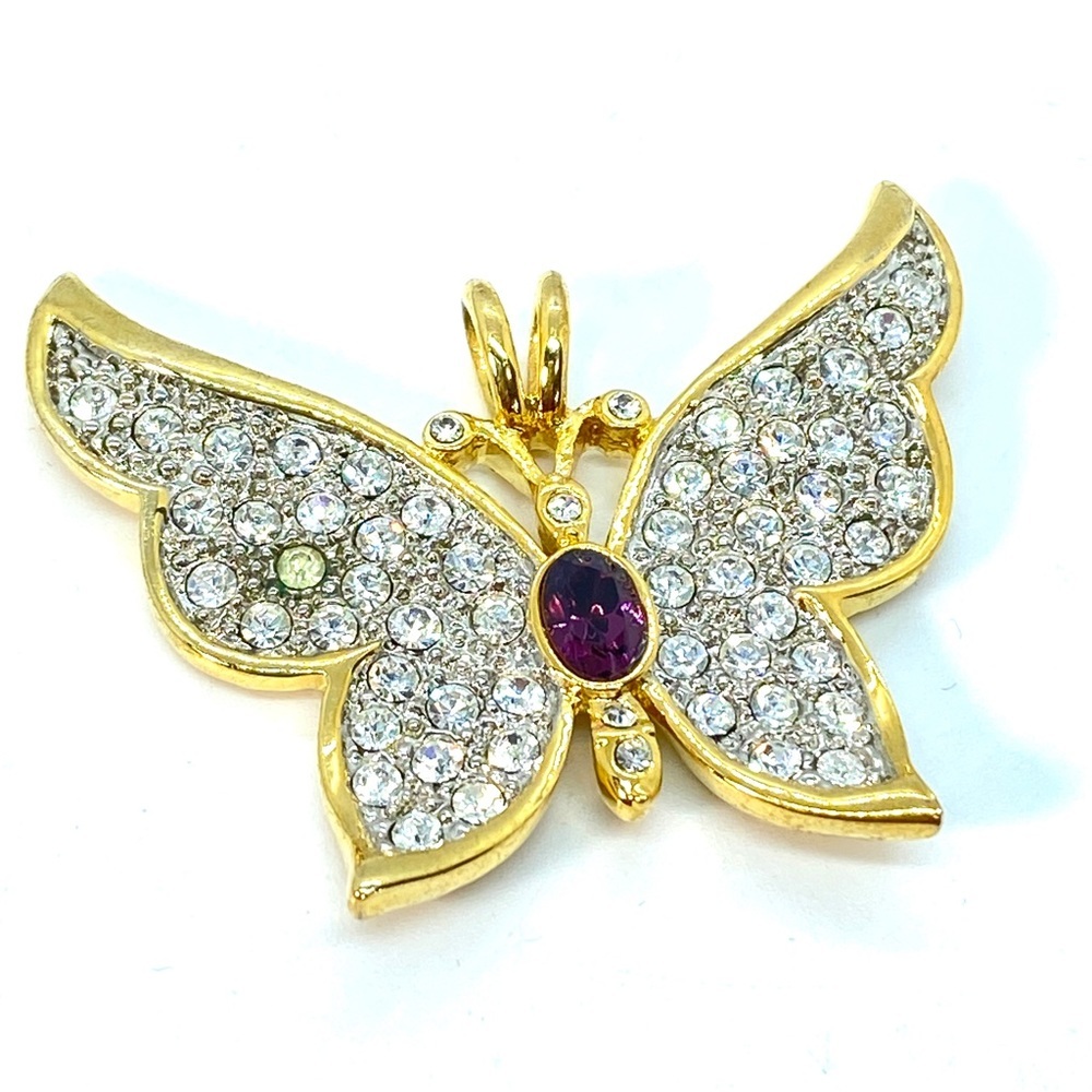 Vintage 1999 PS Co. Butterfly Crystal Rhinestone Gold Tone Amethyst Pendant